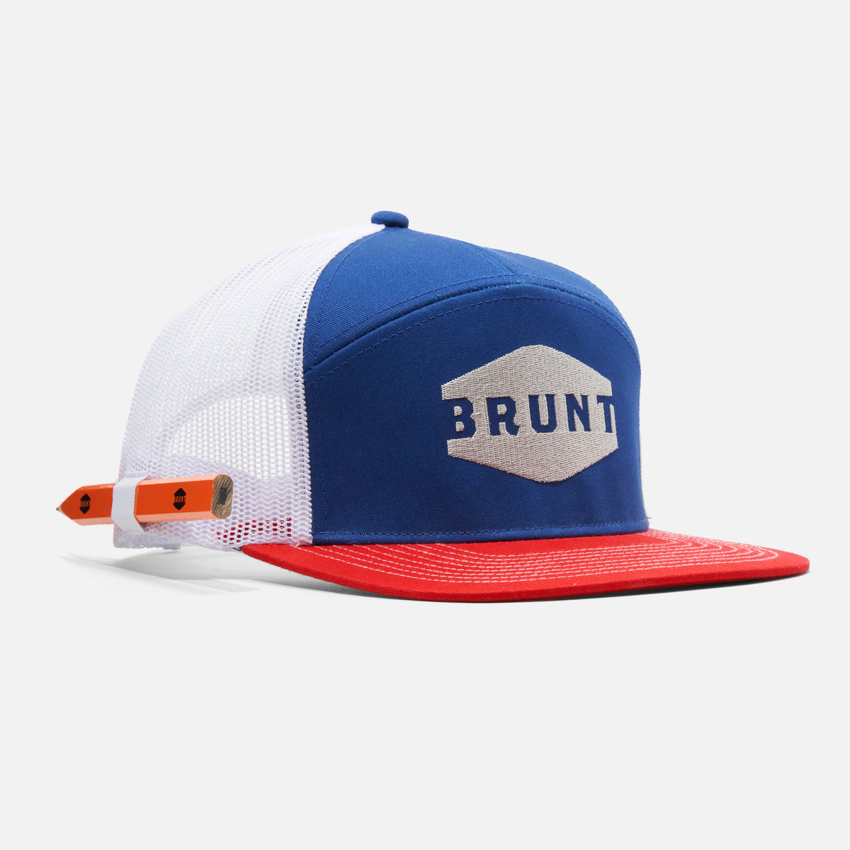 View 2 45 degree angle of front of flat brim work hat with built in pencil holder and BRUNT logo in red white and blue * 3