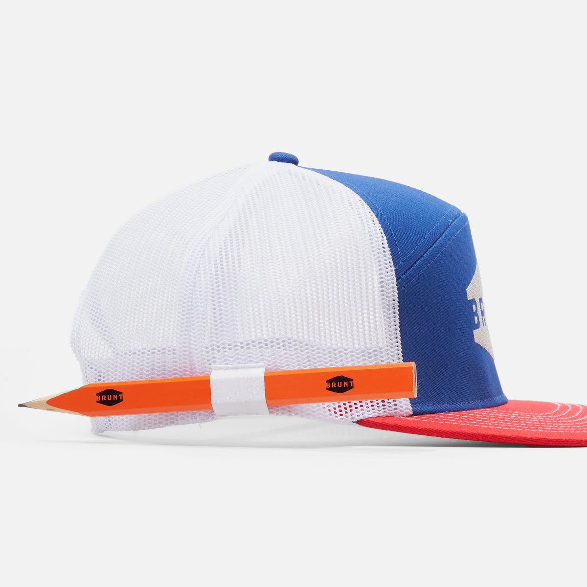 Right side of flat brim work hat with built in pencil holder and BRUNT logo in red white and blue * 3