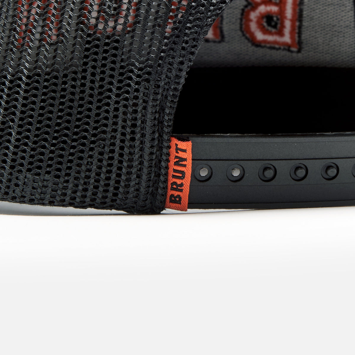 Back snaps of flat brim work hat with built in pencil holder and BRUNT logo in black and orange * 7