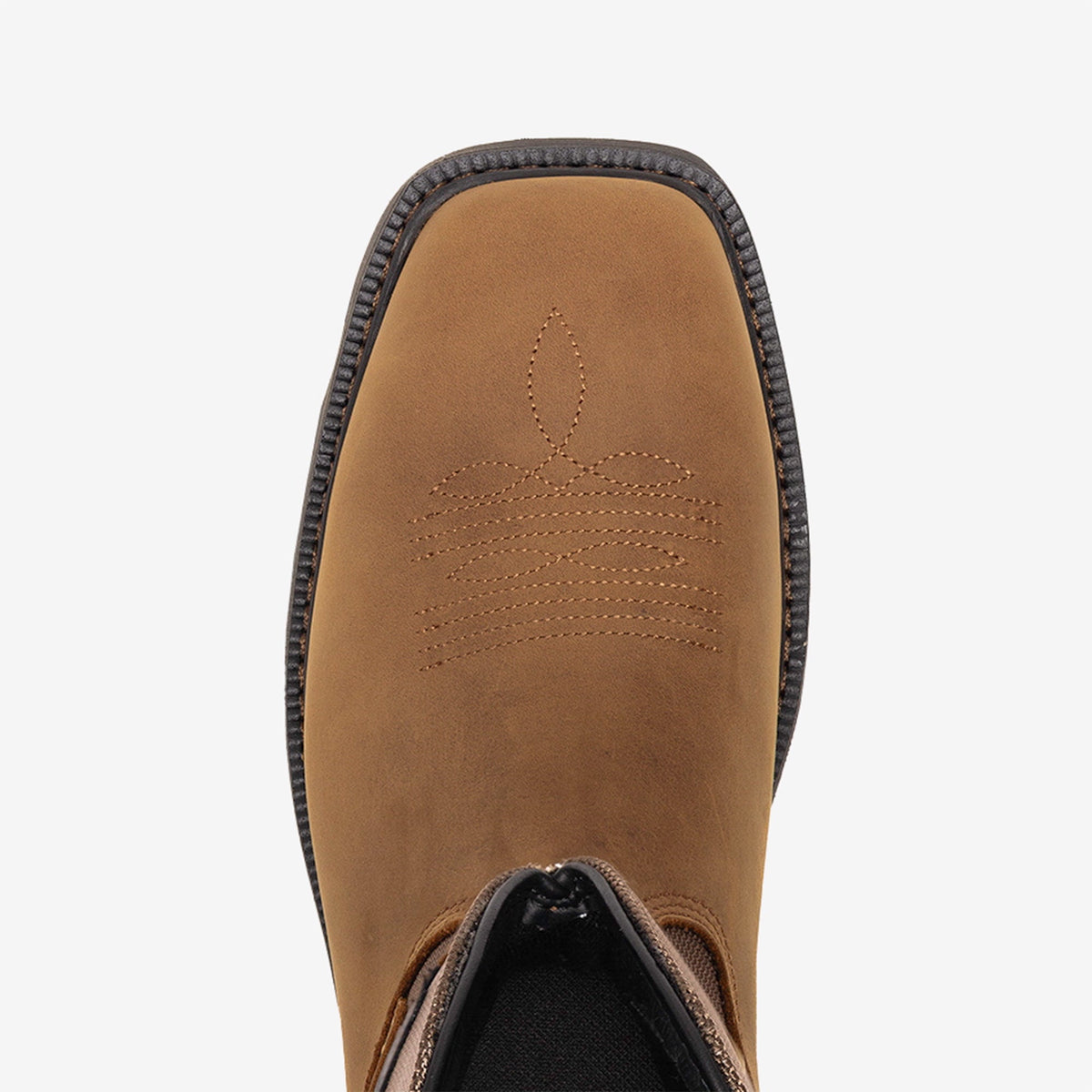 Above shot of the toe shape of the limited edition BRUNT 10 inch waterproof square toe work boot in brown with eagle