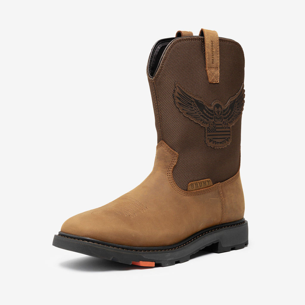 View 2 45 degree angle of the left limited edition BRUNT 10 inch waterproof square toe work boot in brown with eagle 