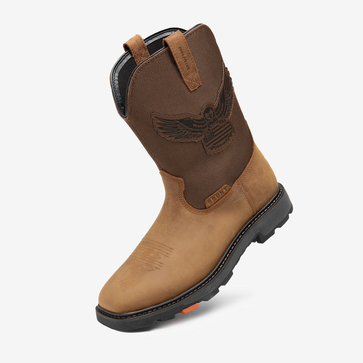 45 degree angle of the left limited edition BRUNT 10 inch waterproof square toe work boot in brown with eagle