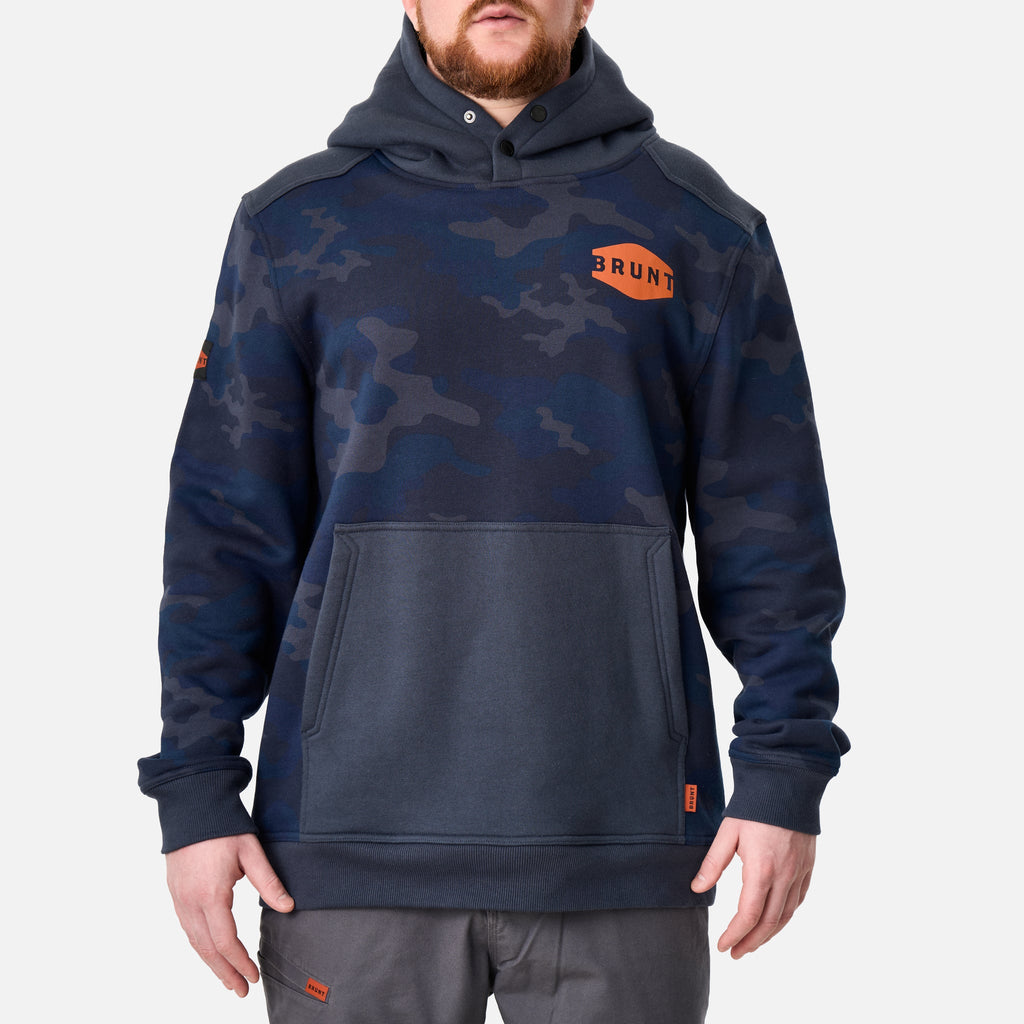 View 1 front of the limited edition BRUNT water resistant shevlin work hoodie in blue camo * 1 # LIMITED EDITION
