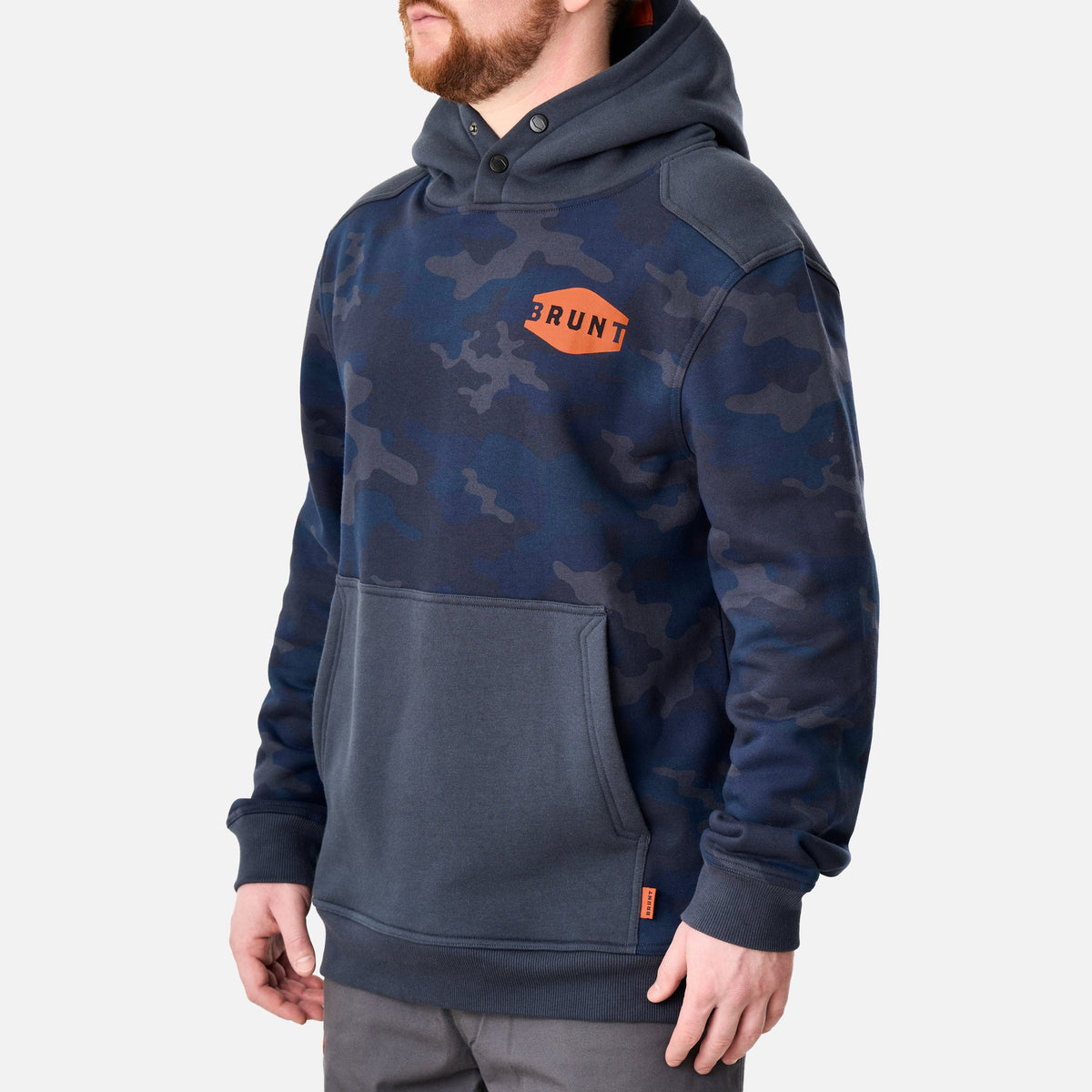 45 degree angle of the front right side of the limited edition BRUNT water resistant shevlin work hoodie in blue camo * 1