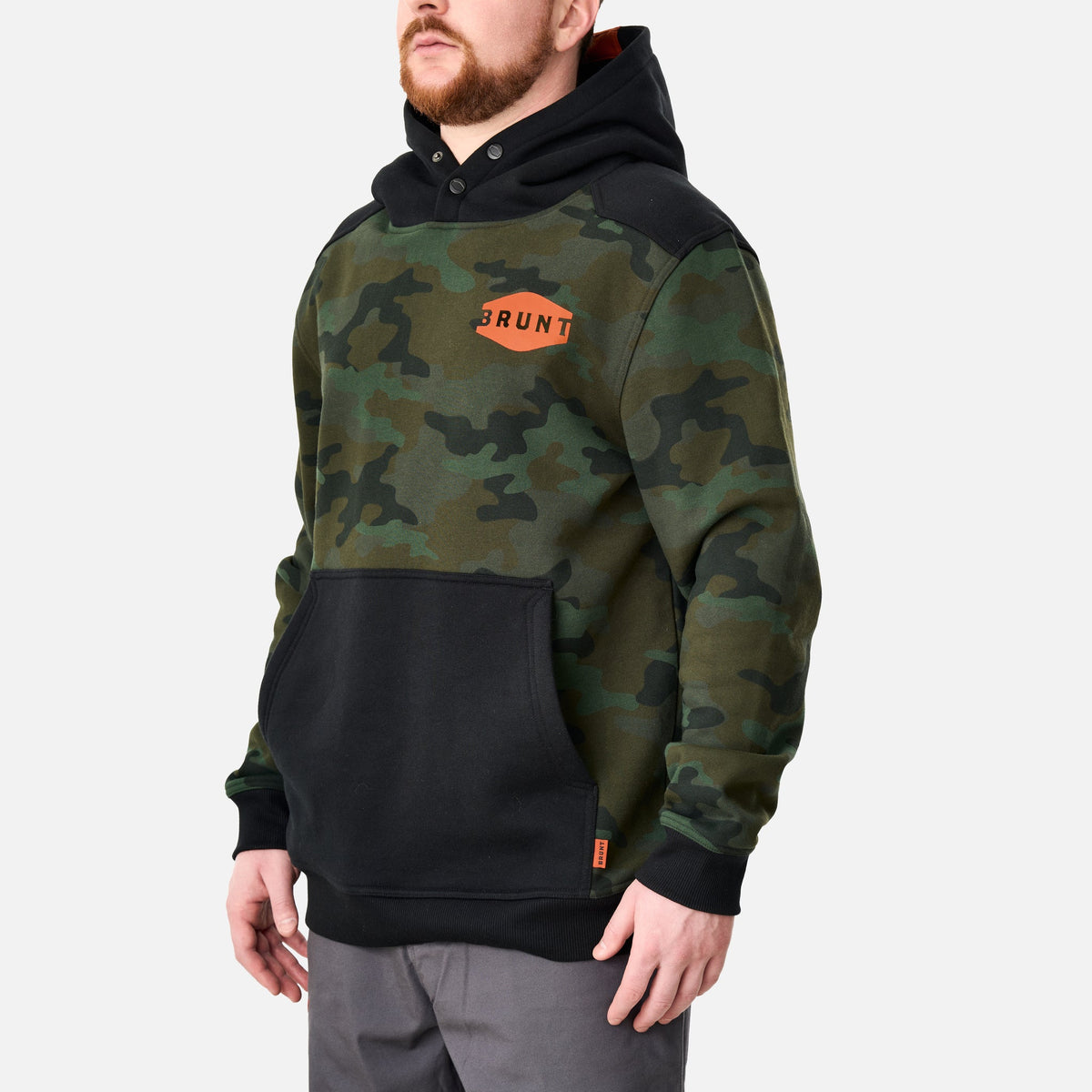 45 degree angle of the front right side of the limited edition BRUNT water resistant shevlin work hoodie in green camo * 2