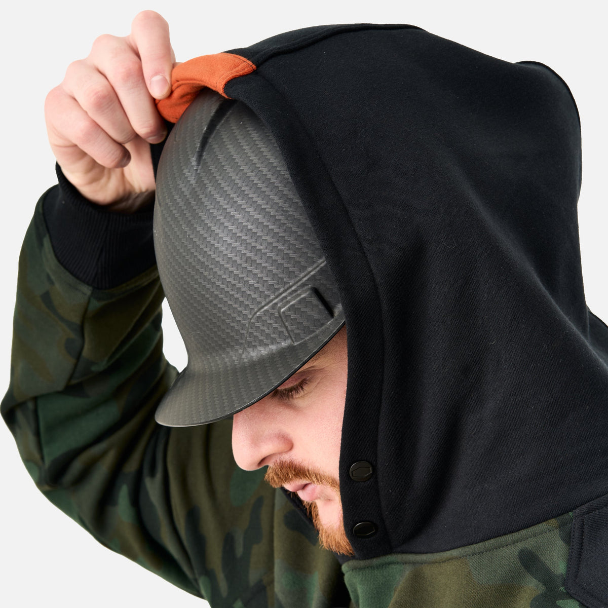 Hard hat compatible hood of the limited edition BRUNT water resistant shevlin work hoodie in green camo * 2
