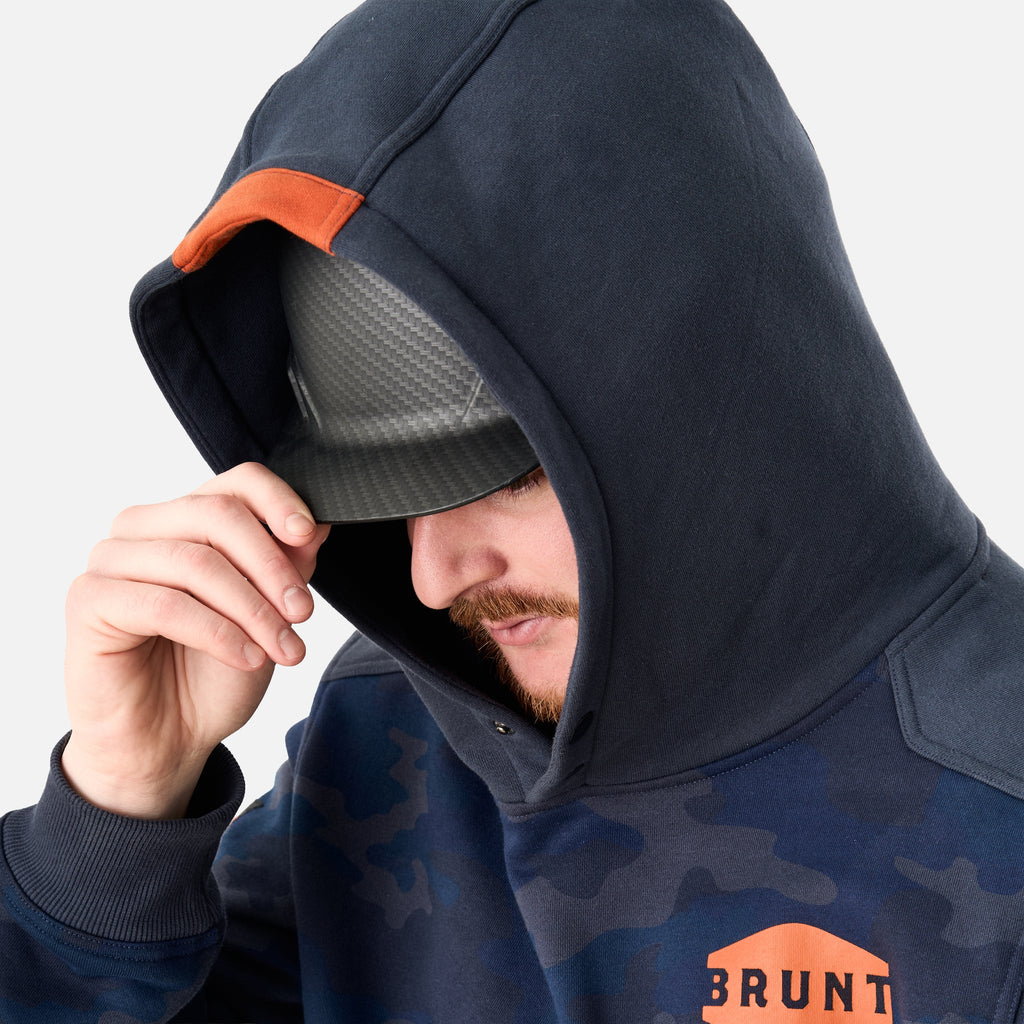 Hard hat compatible hood of the limited edition BRUNT water resistant shevlin work hoodie in blue camo * 1