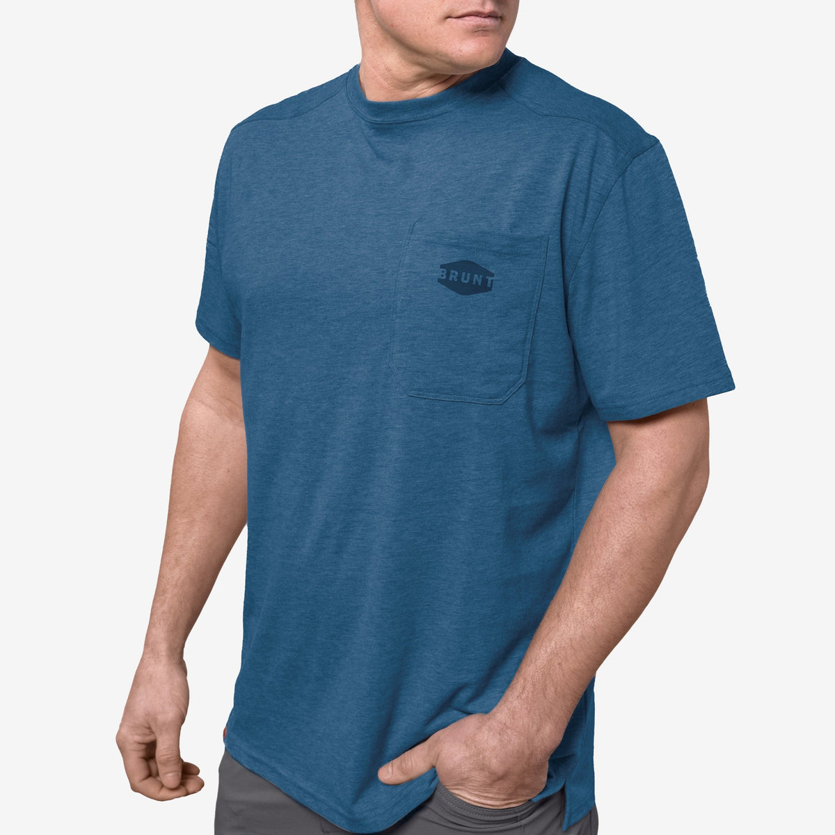 45 degree angle of the front left BRUNT high quality short sleeve pocket tee in  blue heather