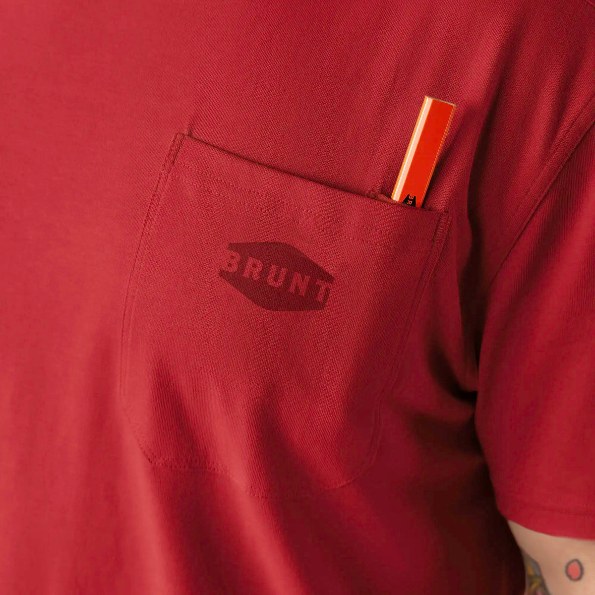 View 2 front of chest pocket with pencil slot of the BRUNT high quality short sleeve pocket tee in red