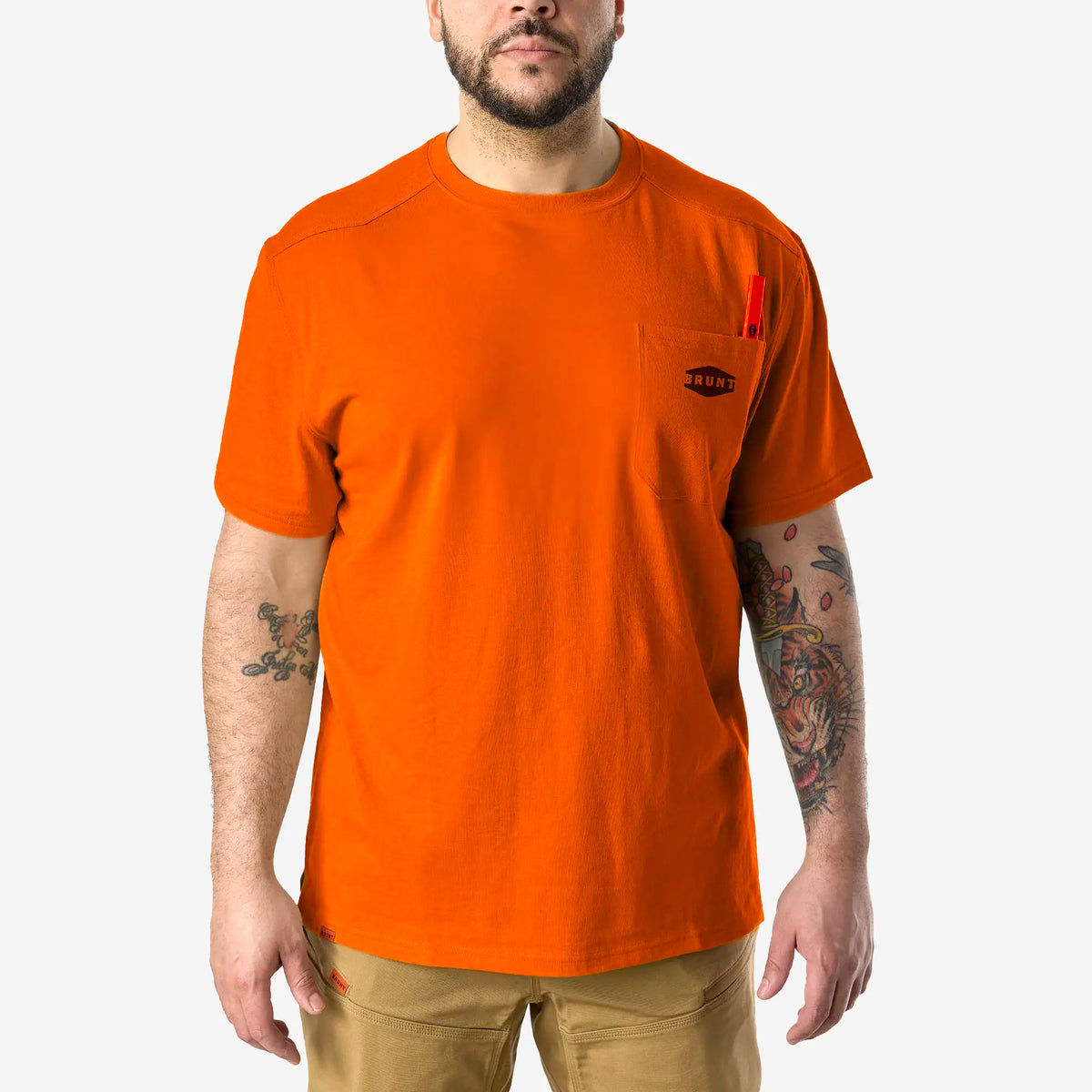 View 1 front of the BRUNT high quality short sleeve pocket tee in safety orange