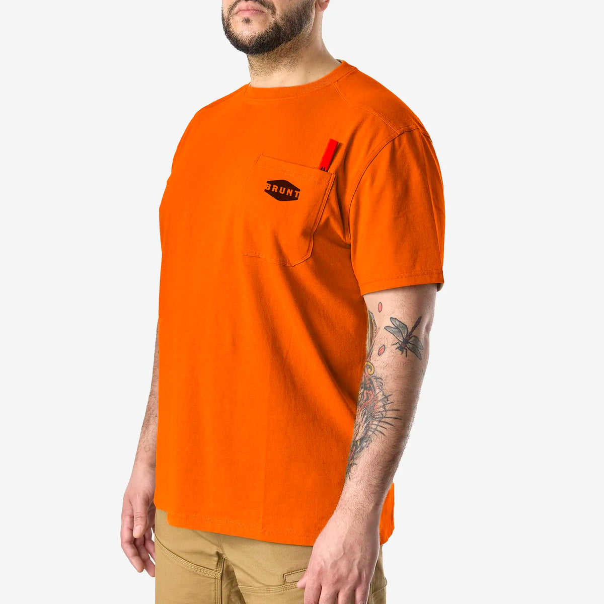 45 degree angle of the front left BRUNT high quality short sleeve pocket tee in safety orange