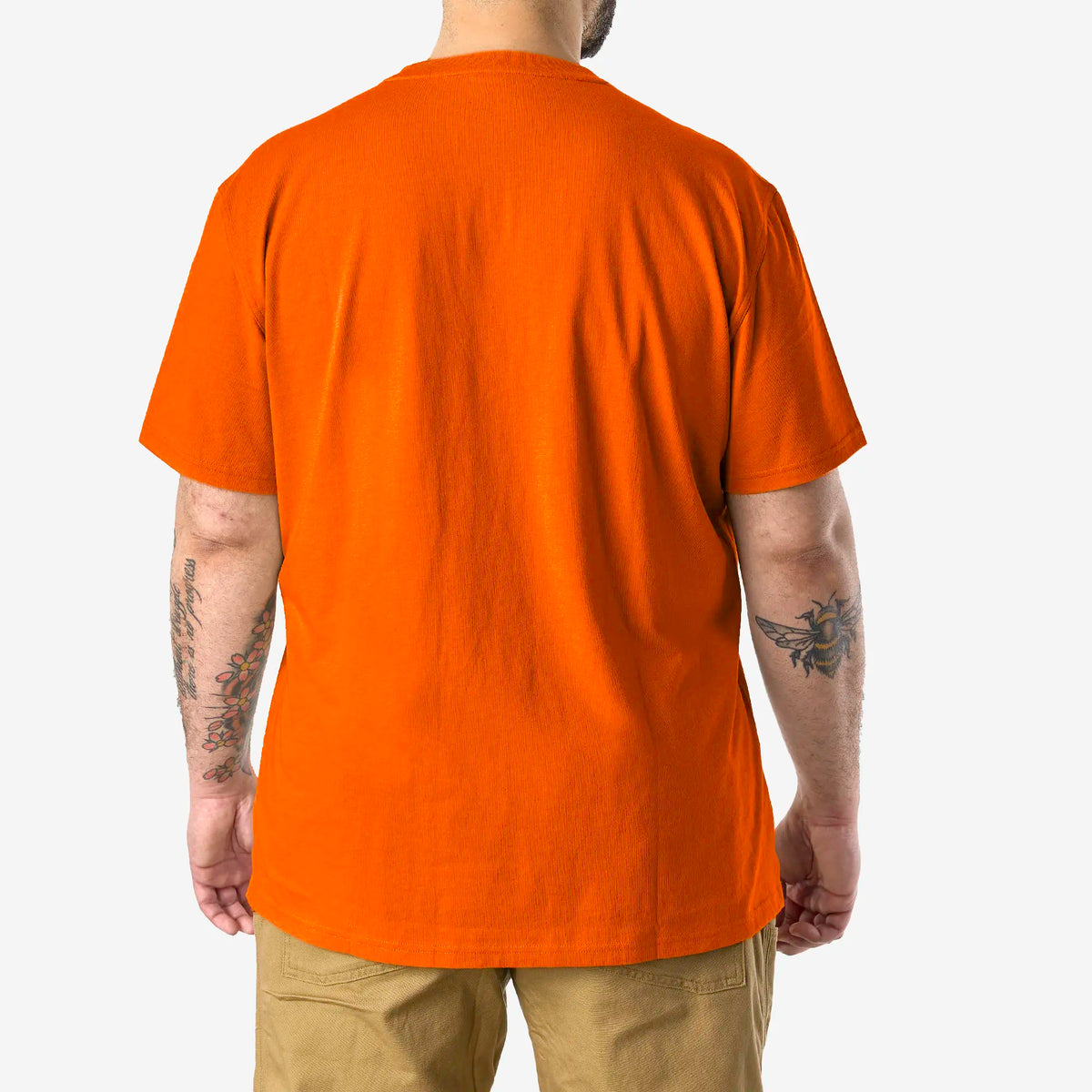 Back of the BRUNT high quality short sleeve pocket tee in safety orange