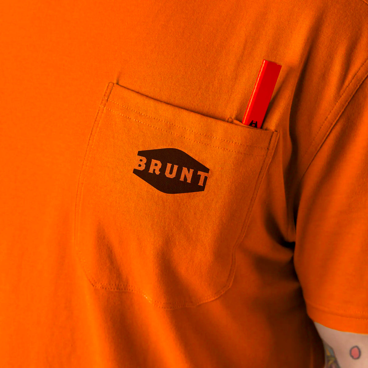 View 2 front of chest pocket with pencil slot of the BRUNT high quality short sleeve pocket tee in safety orange