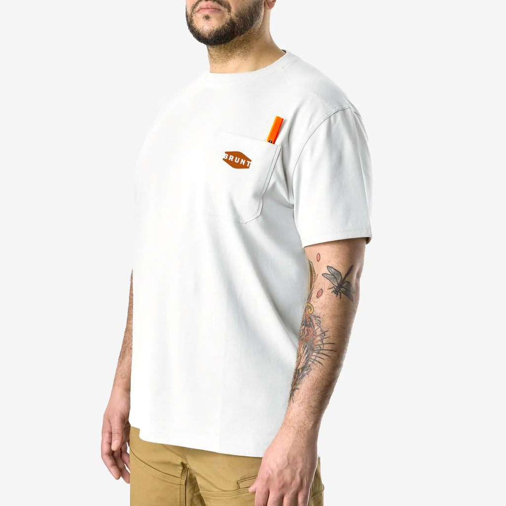 45 degree angle of the front left BRUNT high quality short sleeve pocket tee in white
