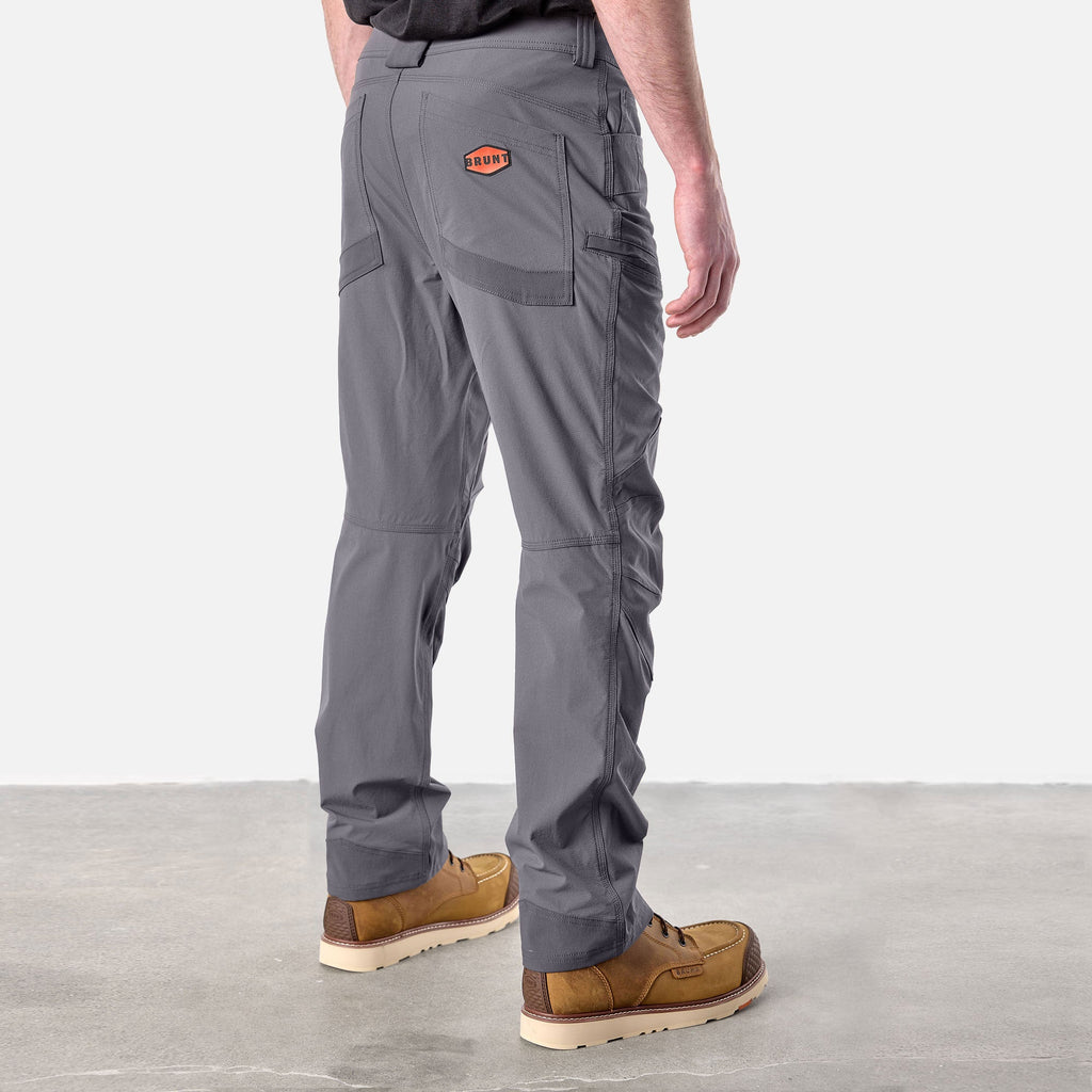 45 degree angle of back right side of BRUNT water resistant durable breathable work pant in charcoal * 0