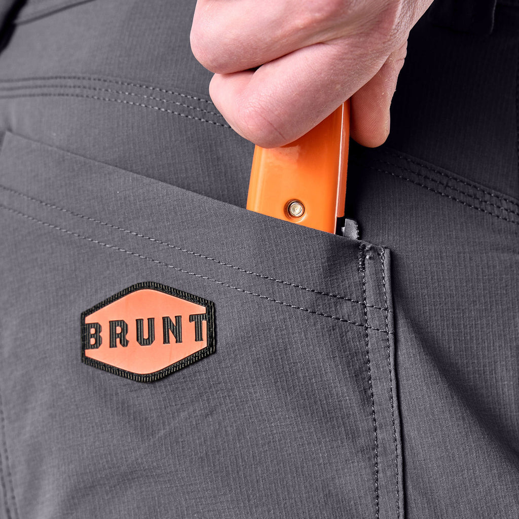 Back pocket of BRUNT water resistant durable breathable work pant in charcoal * 0