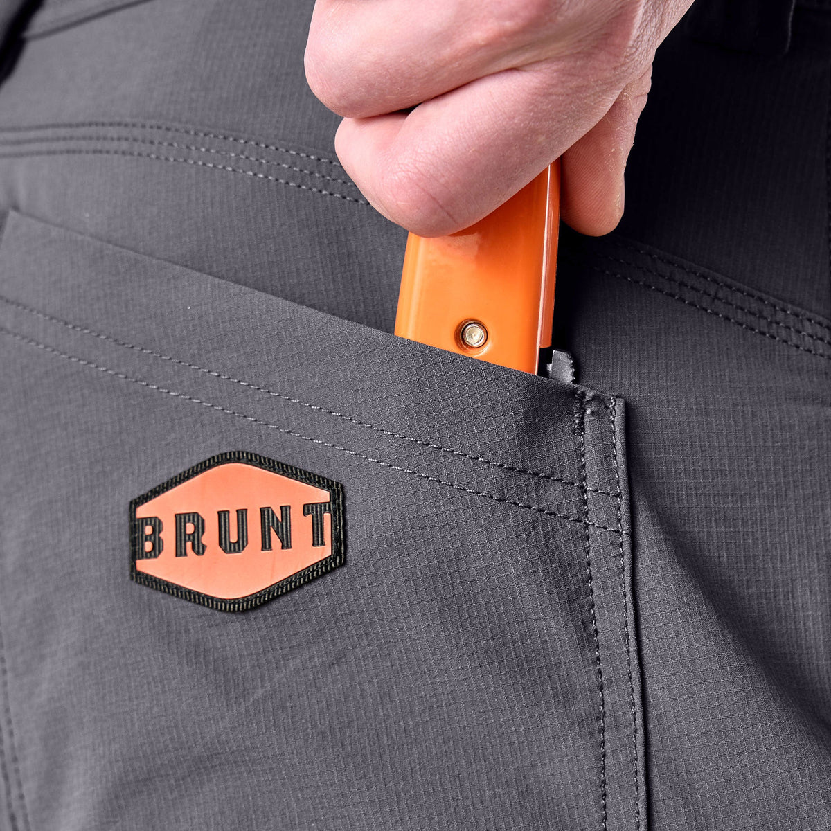Back pocket of BRUNT water resistant durable breathable work pant in charcoal * 0