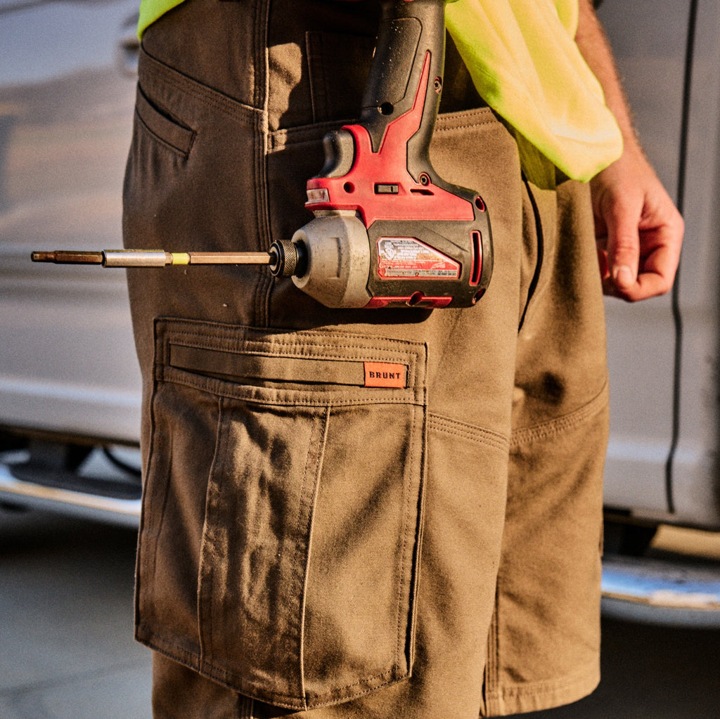 BRUNT abrasion resistant cargo work shorts in brown with drill in reinforced tool loop