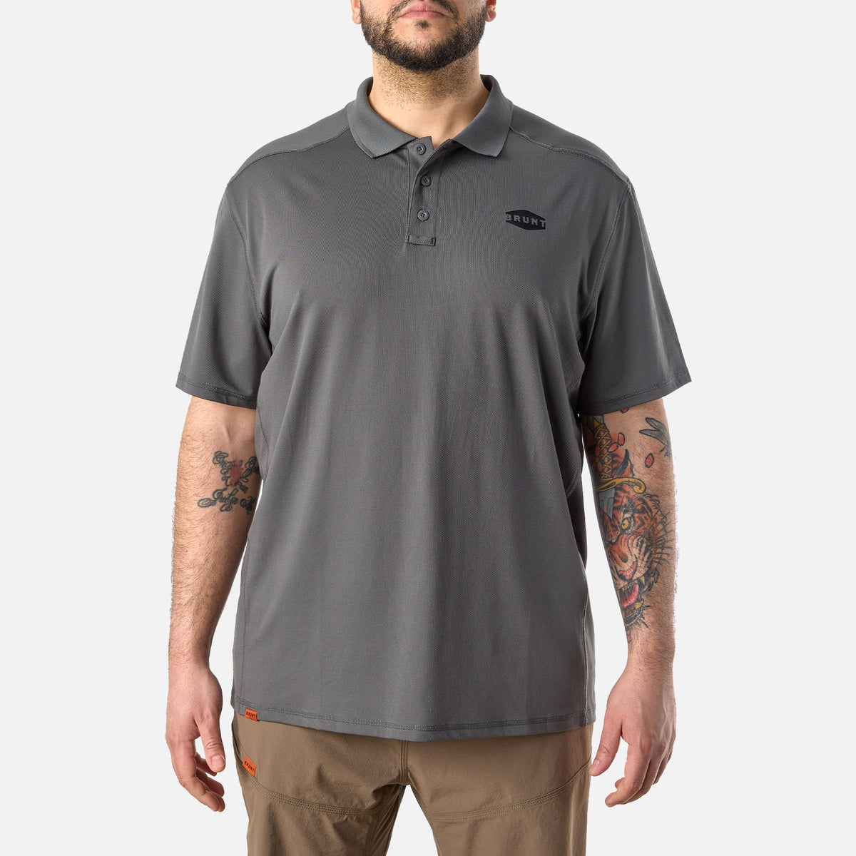 View 1 front of the BRUNT lightweight breathable ventilated tech polo with UPF protection in carbon * 1