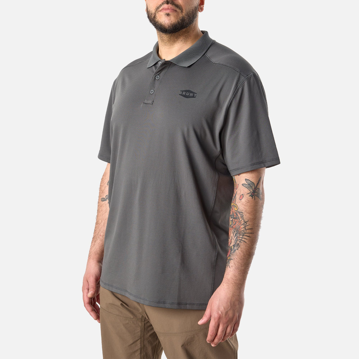 45 degree angle of the right of the BRUNT lightweight breathable ventilated tech polo with UPF protection in carbon * 1