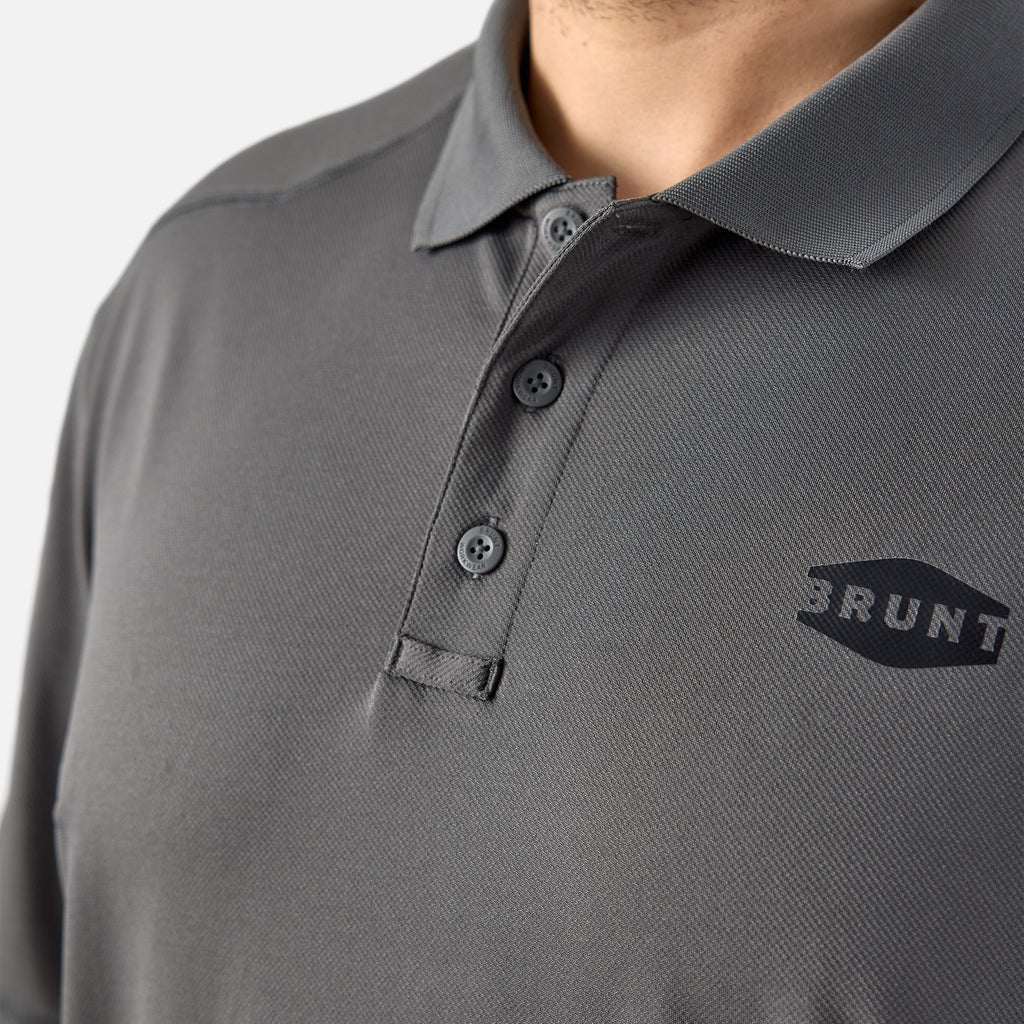Close up of button collar of the BRUNT lightweight breathable ventilated tech polo with UPF protection in carbon * 1