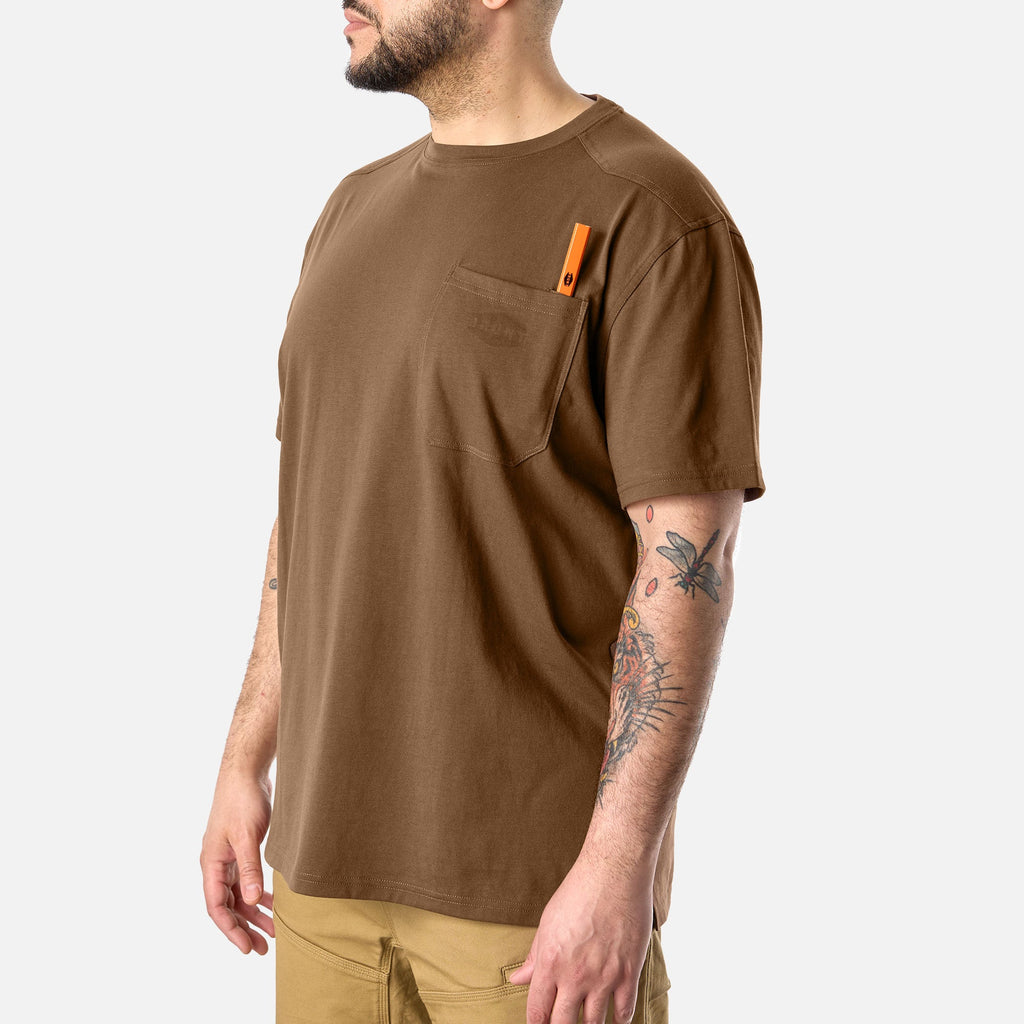 45 degree angle of the front left BRUNT high quality short sleeve pocket tee in mud brown * 5