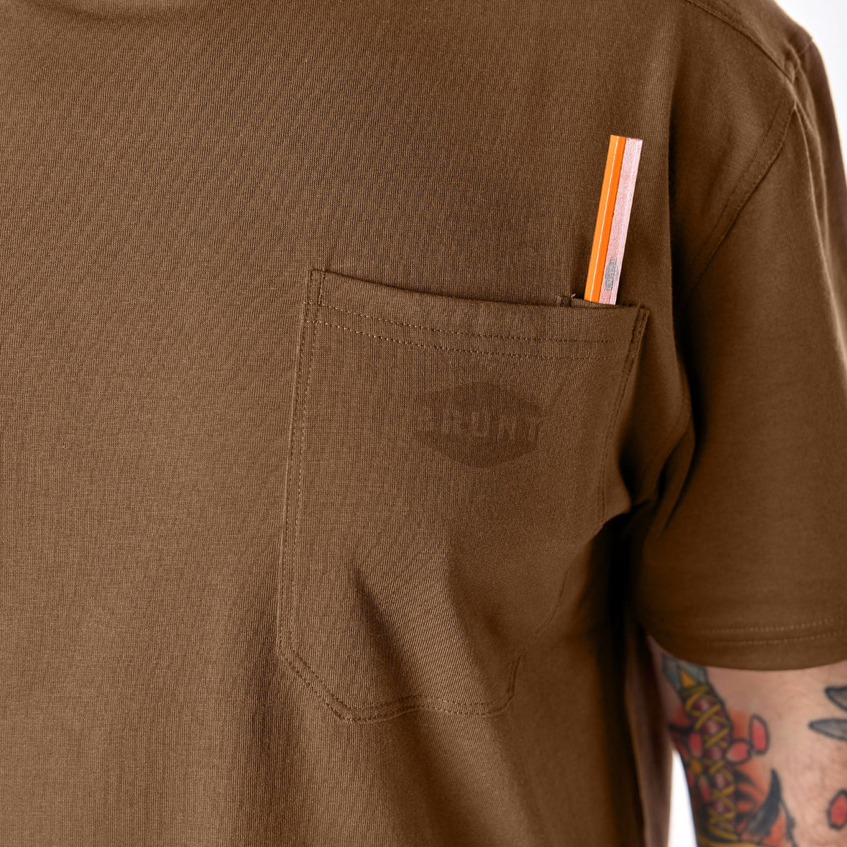 View 2 front of chest pocket with pencil slot of the BRUNT high quality short sleeve pocket tee in mud brown * 5