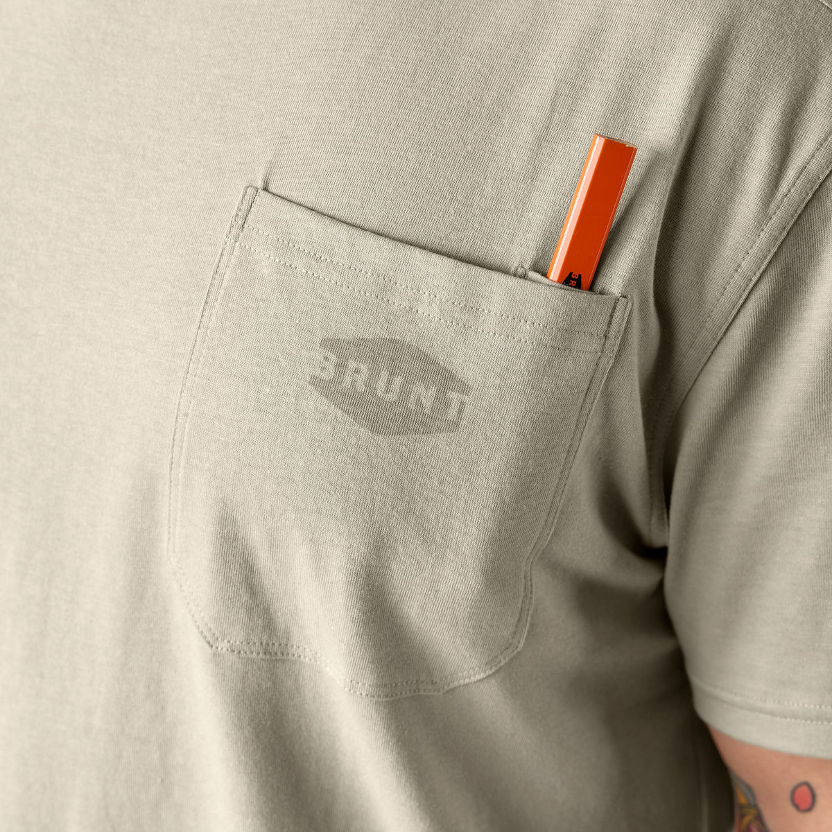 View 2 front of chest pocket with pencil slot of the BRUNT high quality short sleeve pocket tee in khaki * 7