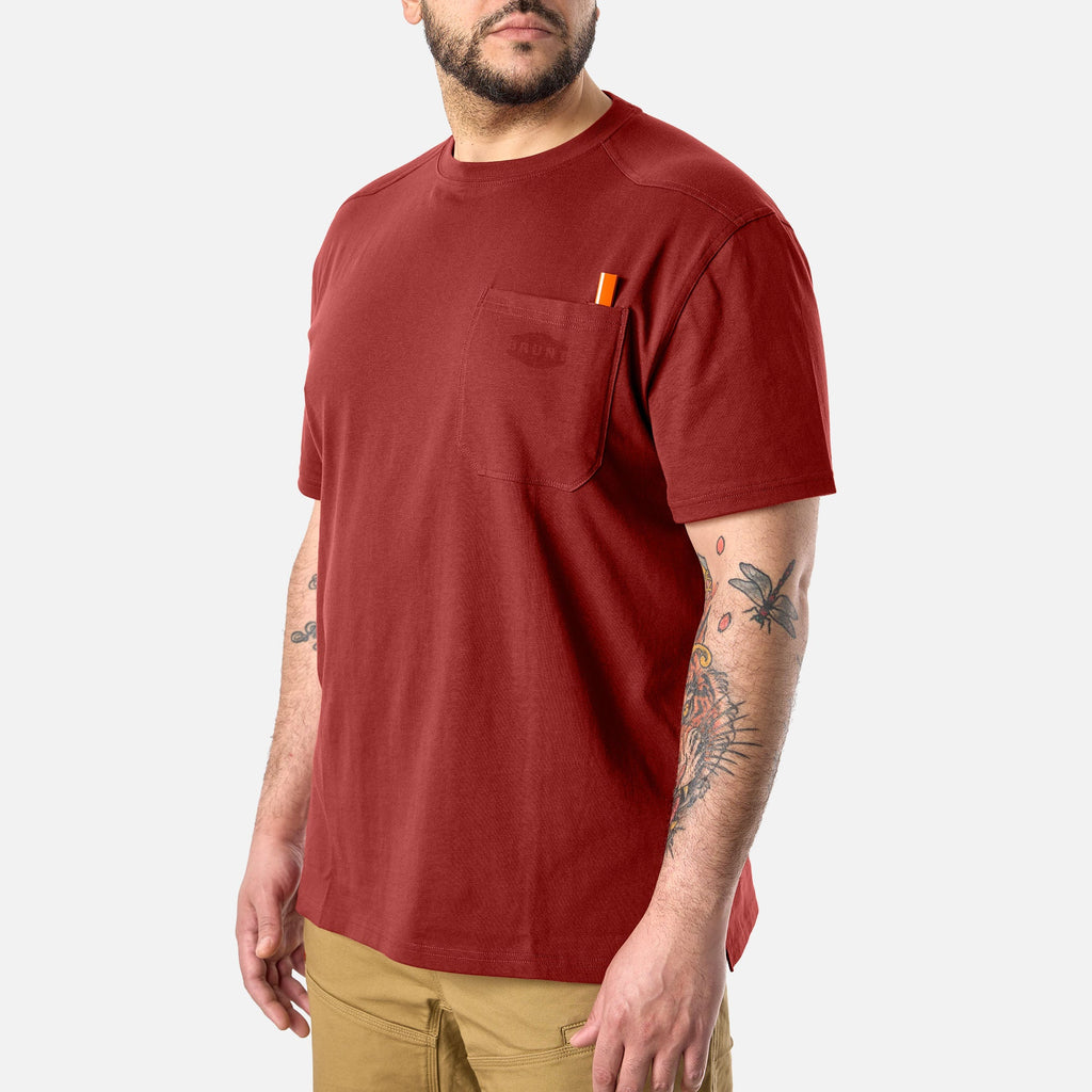 45 degree angle of the front left BRUNT high quality short sleeve pocket tee in brick red * 6