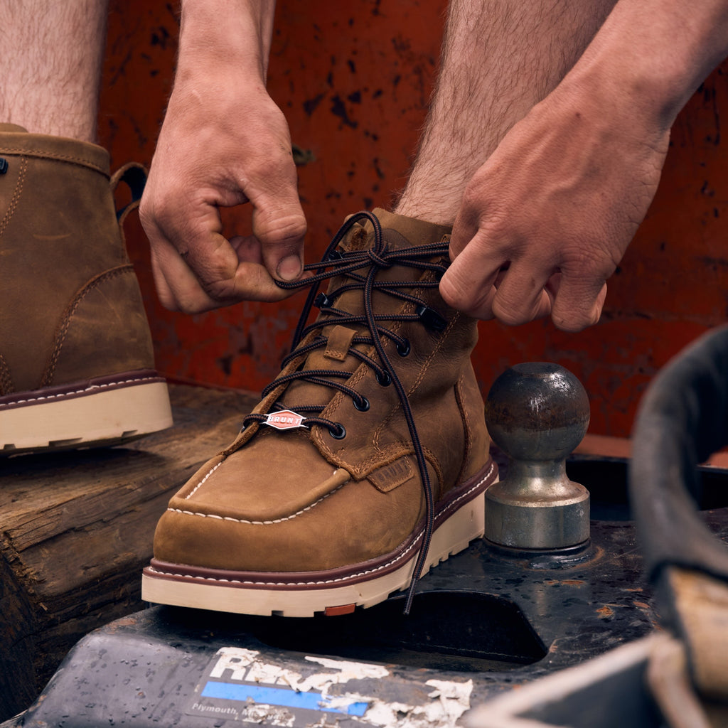BRUNT 6 inch water-resistant unlined moc toe marin work boot in brown on jobsite