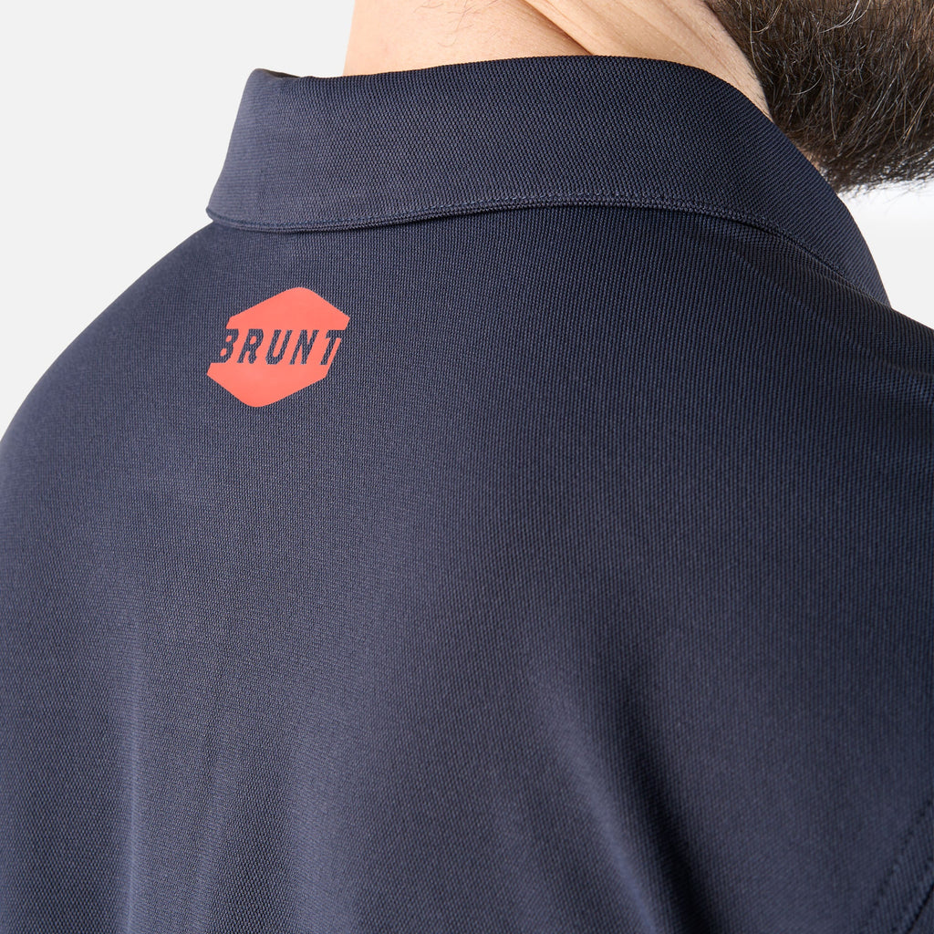Close up of back collar of the BRUNT lightweight breathable polo with UPF protection in navy * 3