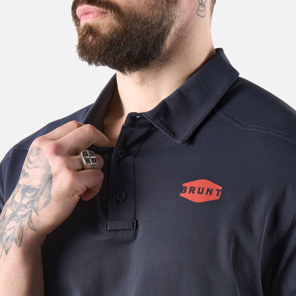Close up of front collar of the BRUNT lightweight breathable polo with UPF protection in navy * 3
