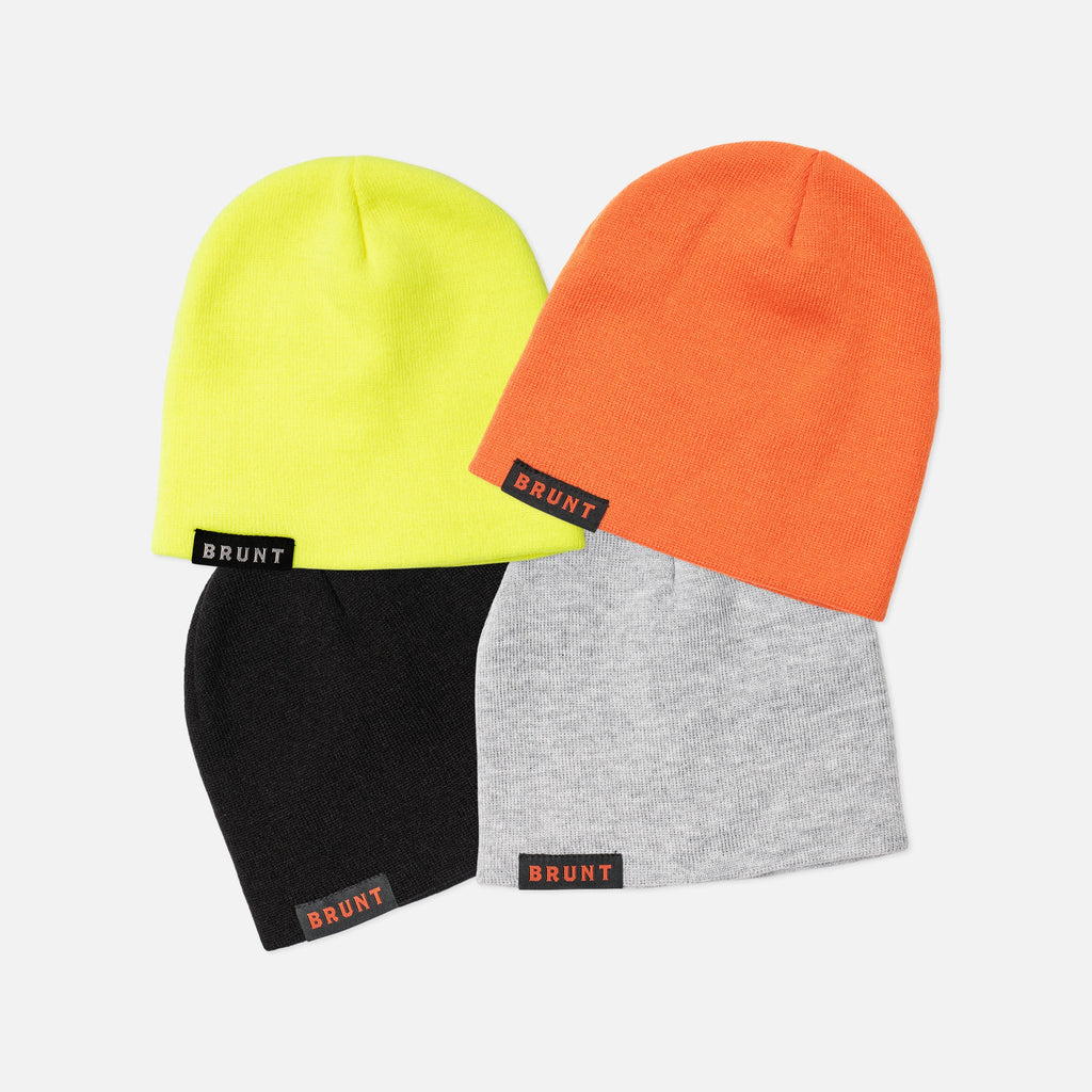 high quality cuffless skull cap beanie in black, grey, safety yellow and safety orange
