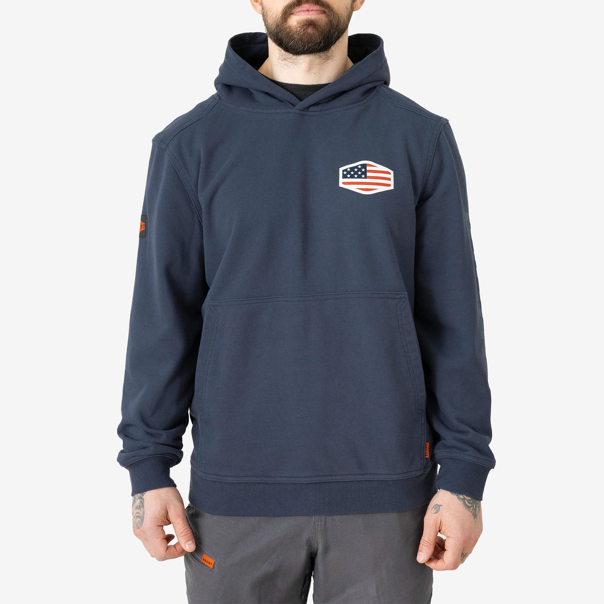 Front of the limited edition BRUNT comfortable all-season levin work hoodie in dark navy
