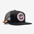 45 degree angle of front of flat brim work hat with built in pencil holder and BRUNT usa 250 logo in limited edition black