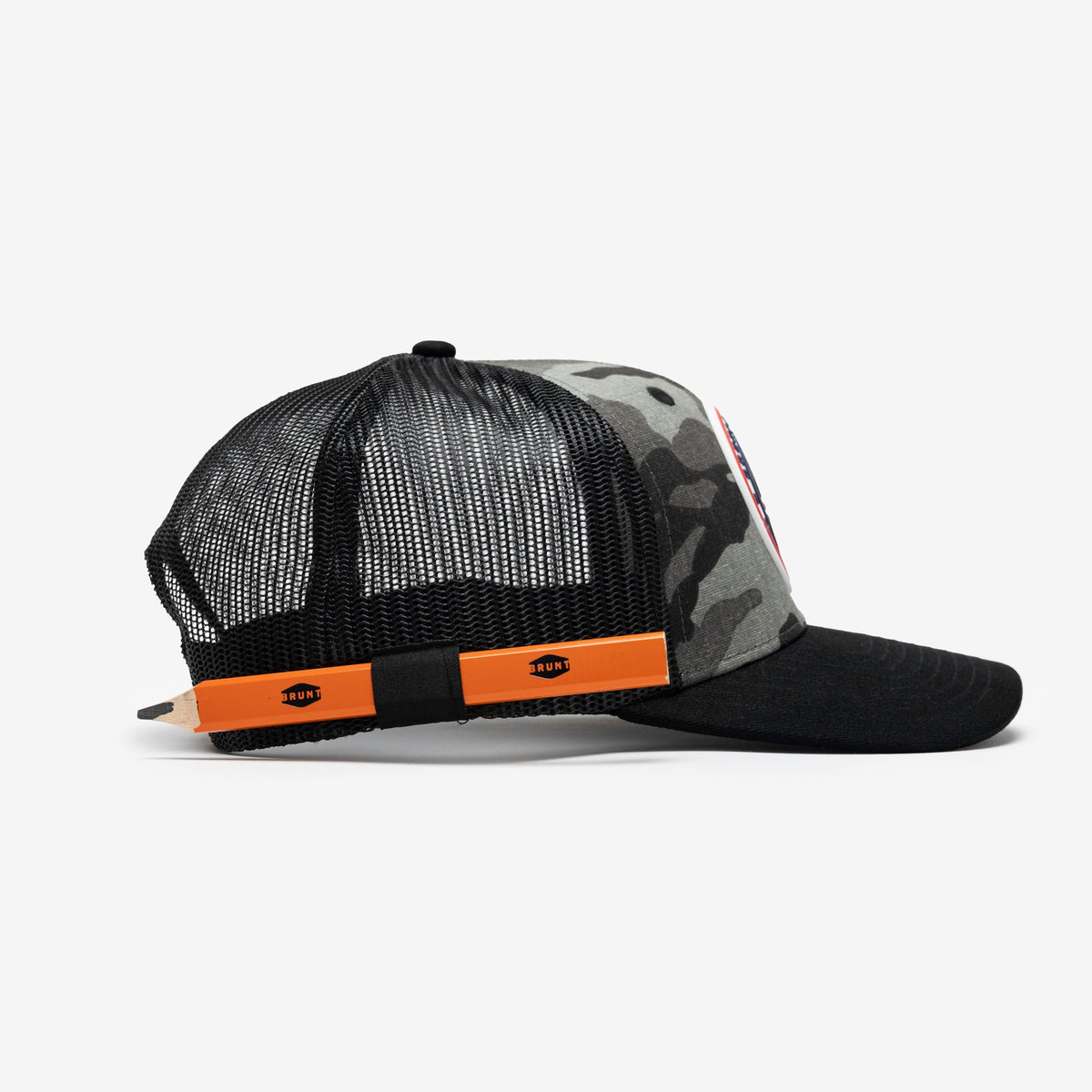 Right side of curved brim work hat with built in pencil holder and BRUNT usa 250 logo in limited edition black camo