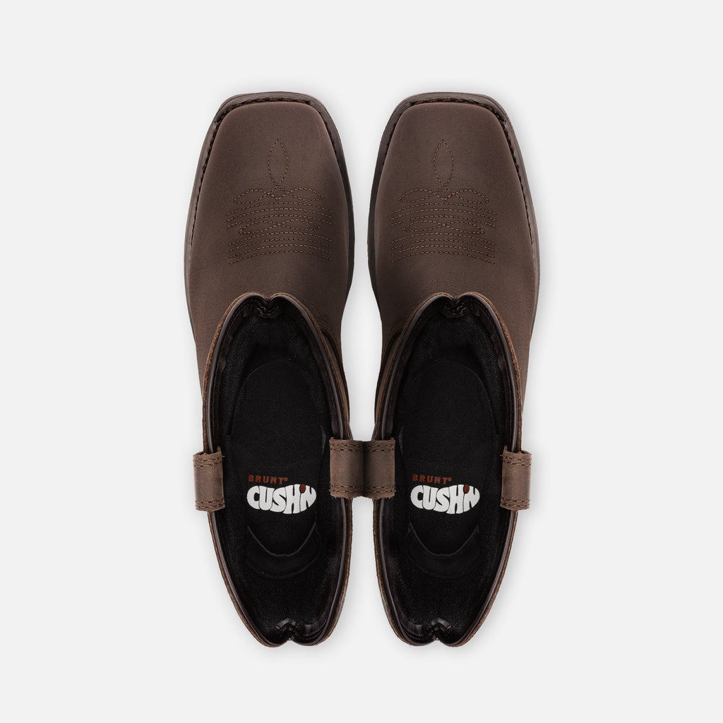 Above shot of the toe shape of the BRUNT 10 inch welted composite square toe work boot in dark brown