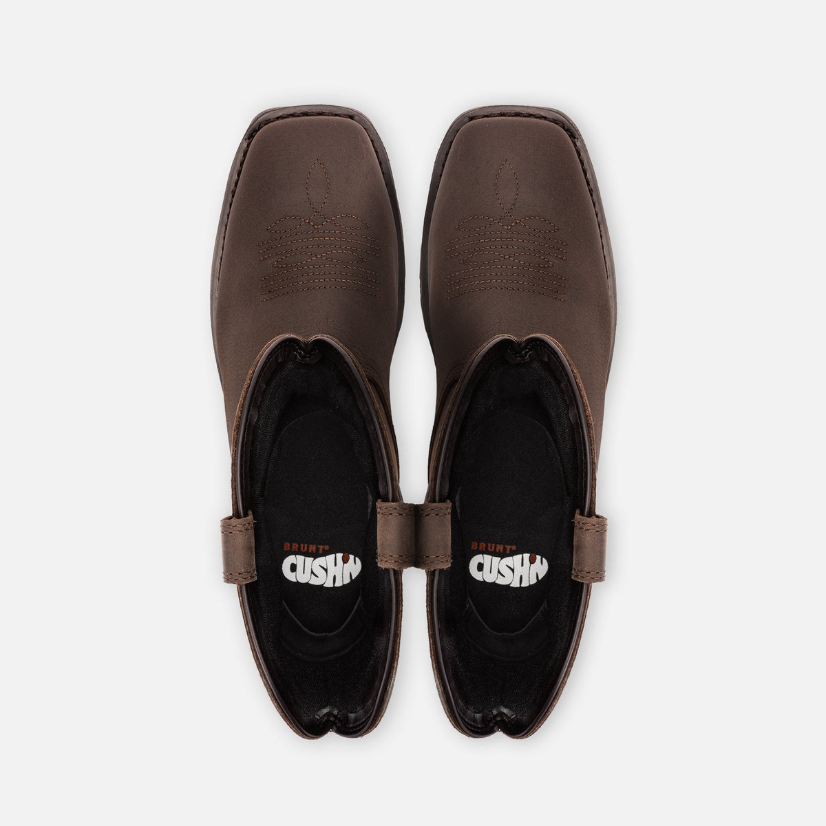 Above shot of the toe shape of the BRUNT 10 inch welted square toe work boot in dark brown