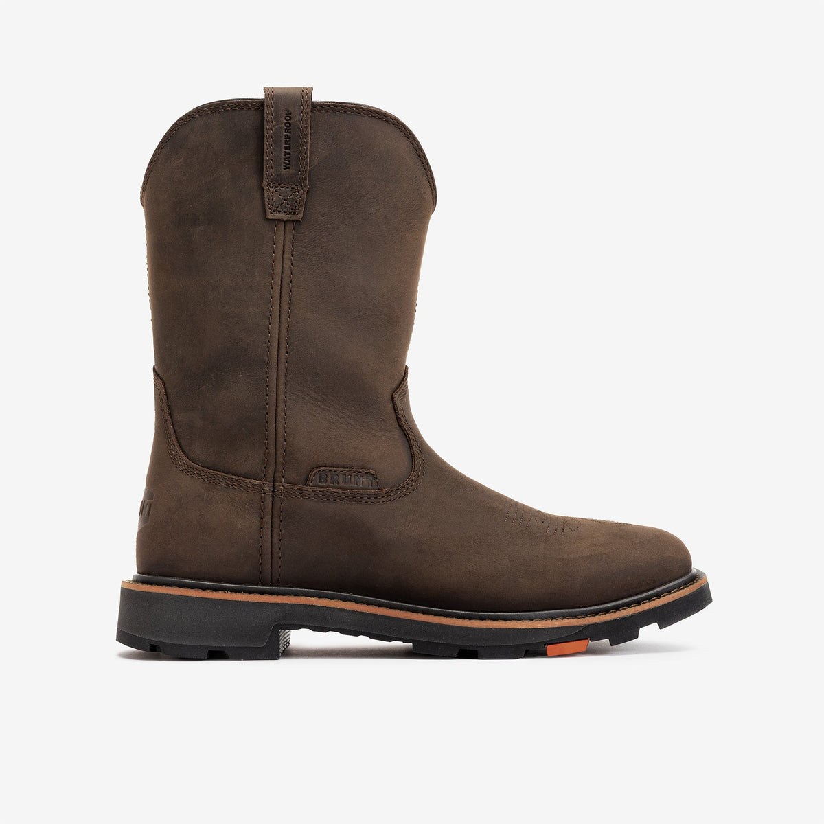 Right side of the BRUNT 10 inch waterproof composite square toe work boot in dark brown