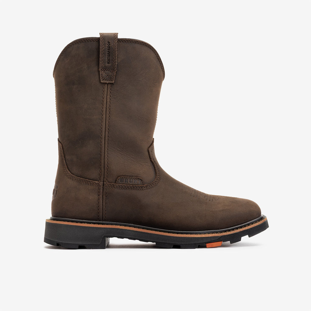 Right side of the BRUNT 10 inch waterproof square toe work boot in dark brown