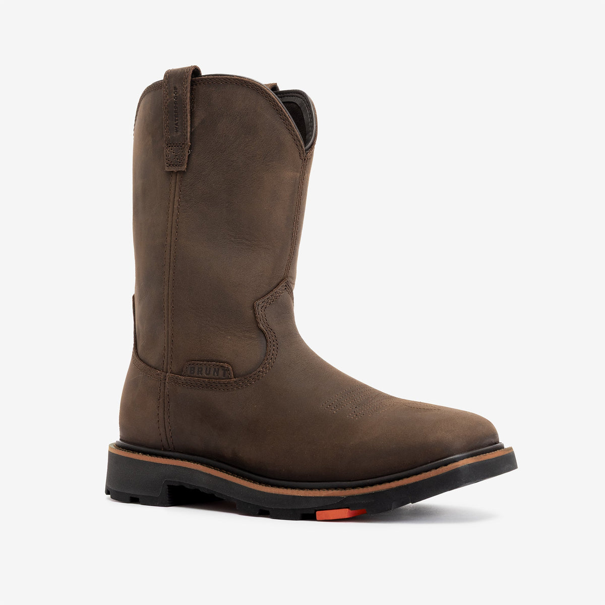 View 2 45 degree angle of the right BRUNT 10 inch waterproof square toe work boot in dark brown