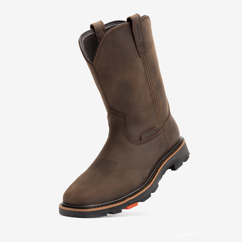 45 degree angle of the left BRUNT 10 inch waterproof square toe work boot in dark brown