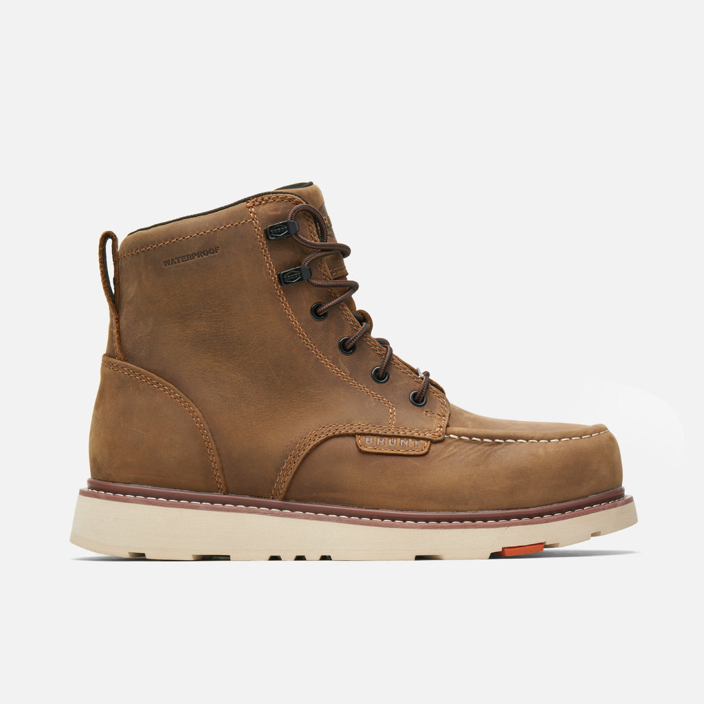 Right side of the BRUNT 6 inch waterproof moc toe marin work boot in brown