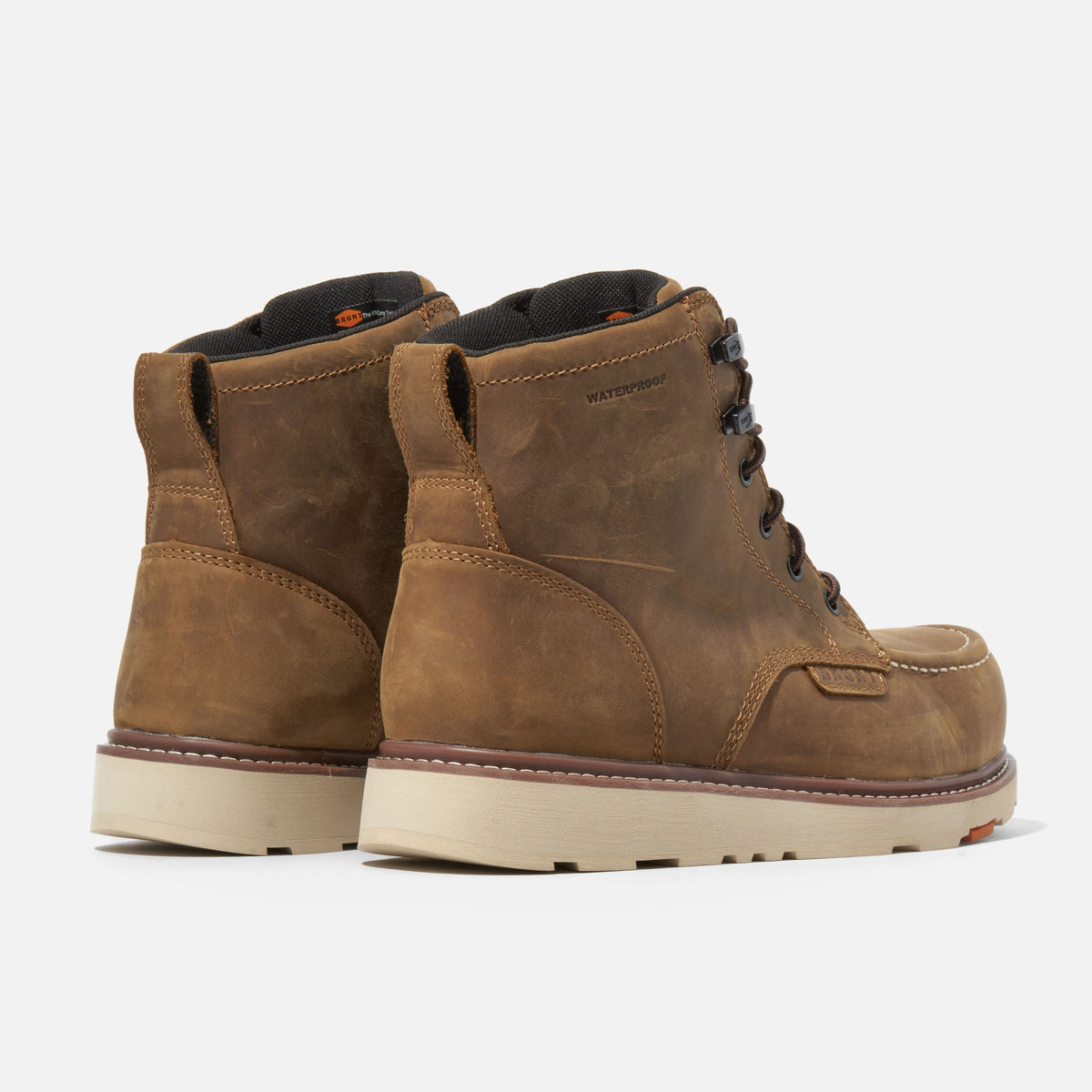 45 degree angle of the back BRUNT 6 inch waterproof moc toe marin work boot in brown