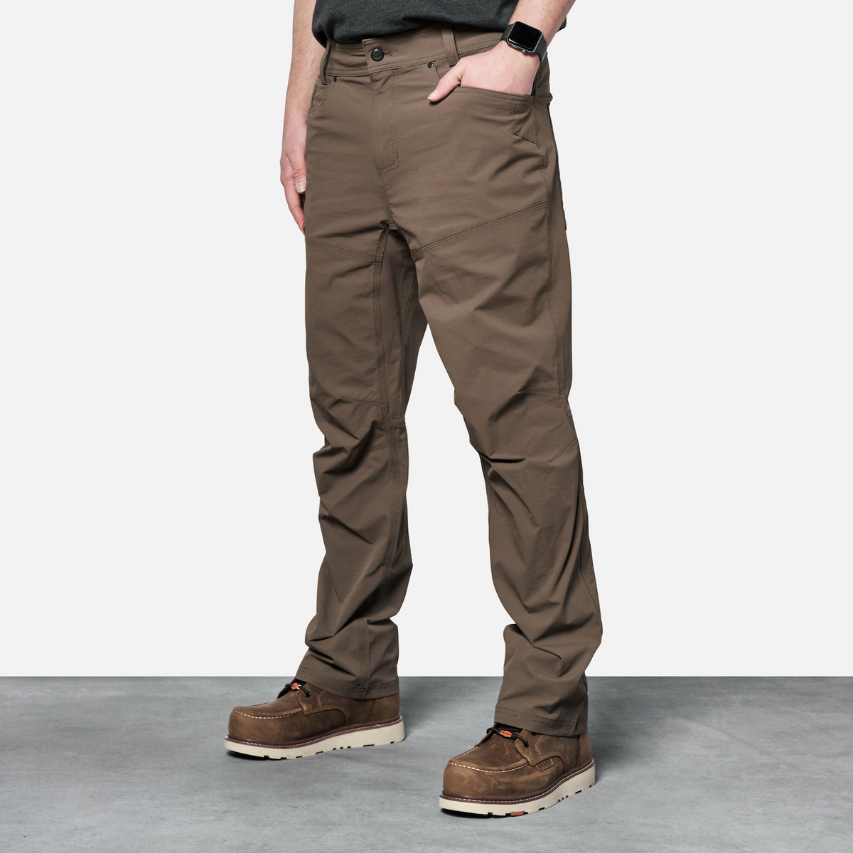 45 degree angle of front left side of BRUNT water-resistant lightweight breathable costello work pant in brown
