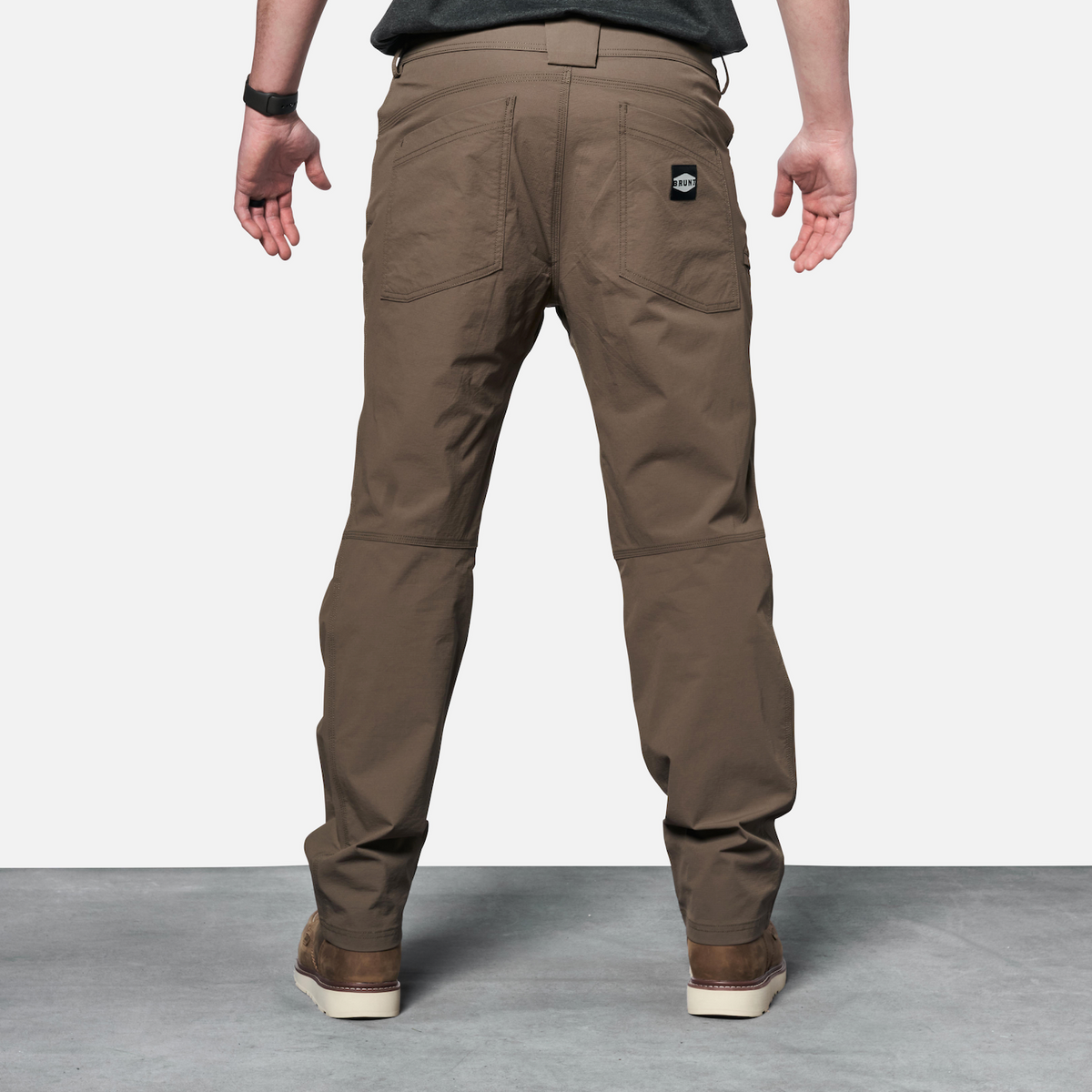 Back of BRUNT water-resistant lightweight breathable costello work pant in brown