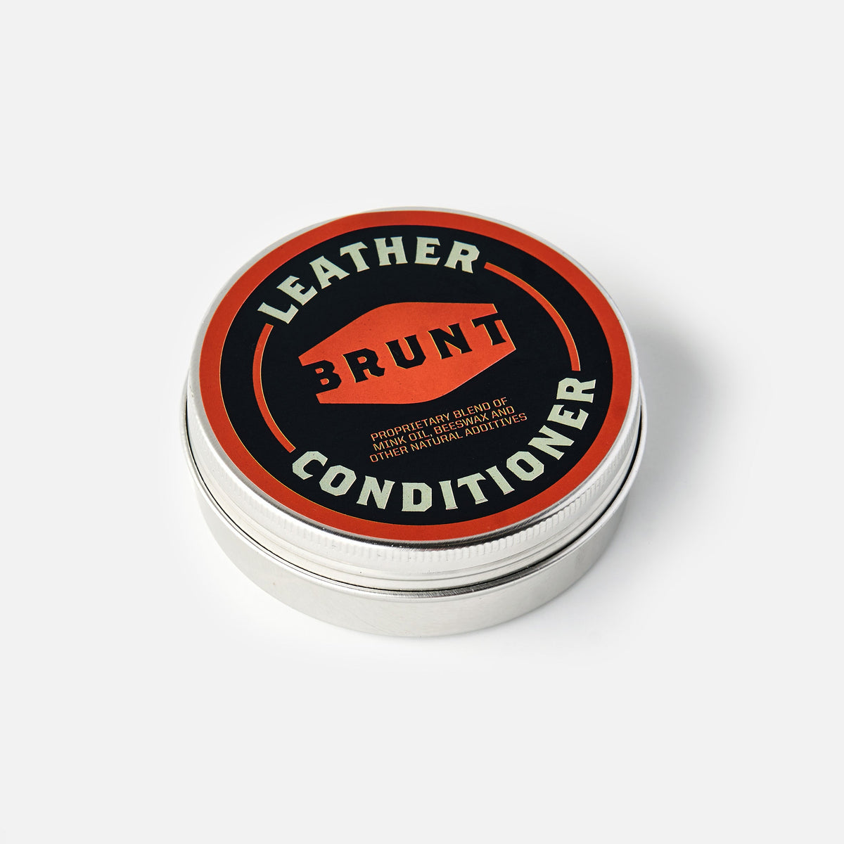 Front of container of BRUNT leather work boot conditioner