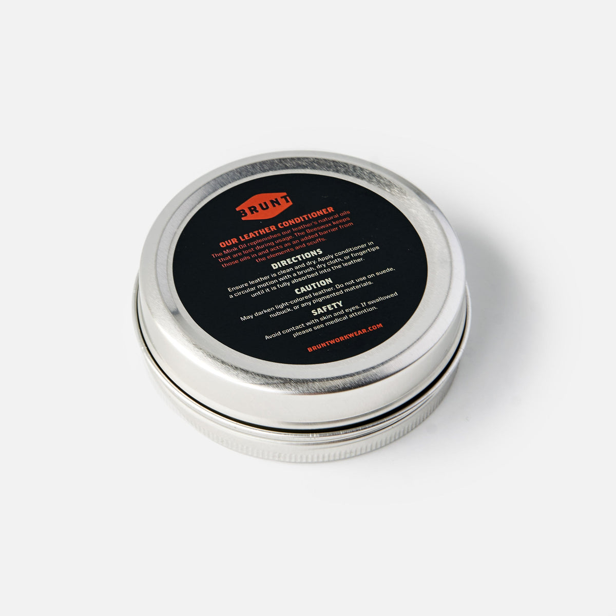 Back of container of BRUNT leather work boot conditioner