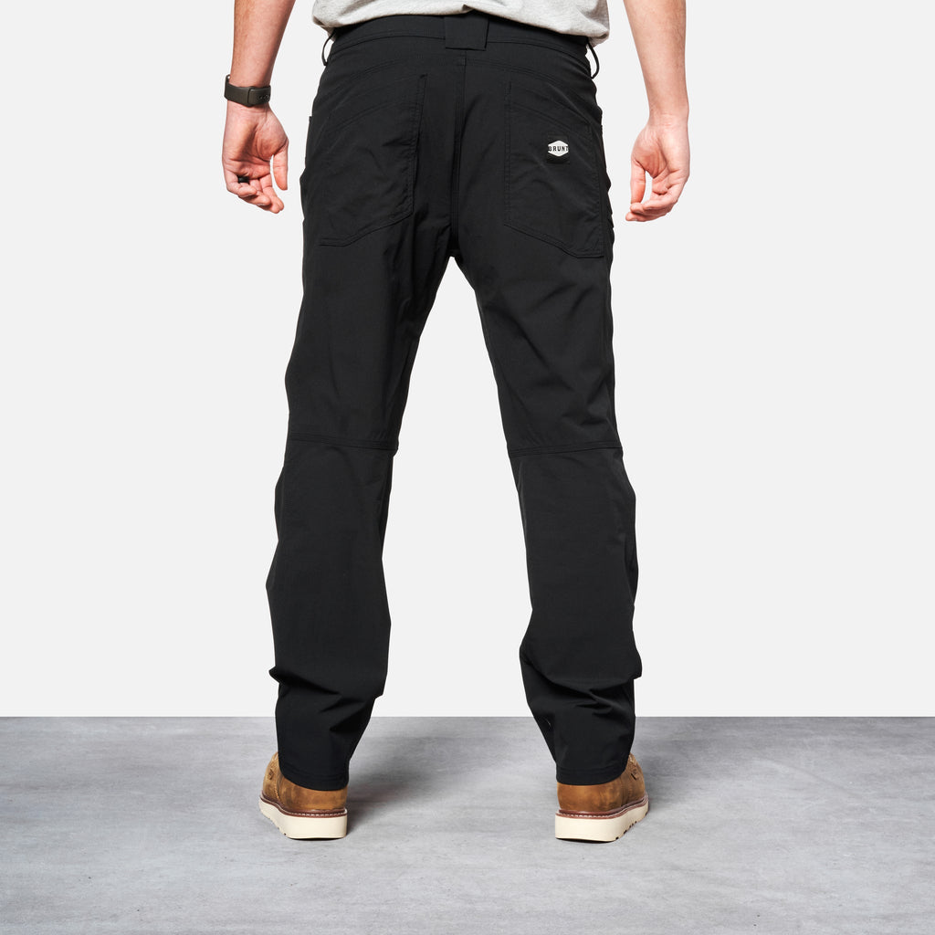 Back of BRUNT water-resistant lightweight lined costello work pant in black