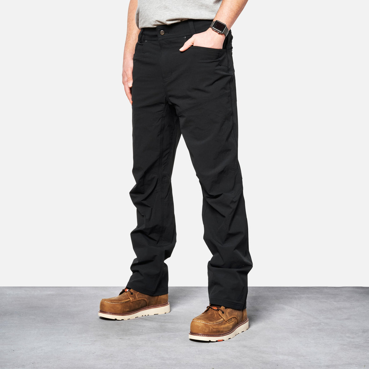 45 degree angle of front left side of BRUNT water-resistant lightweight lined costello work pant in black